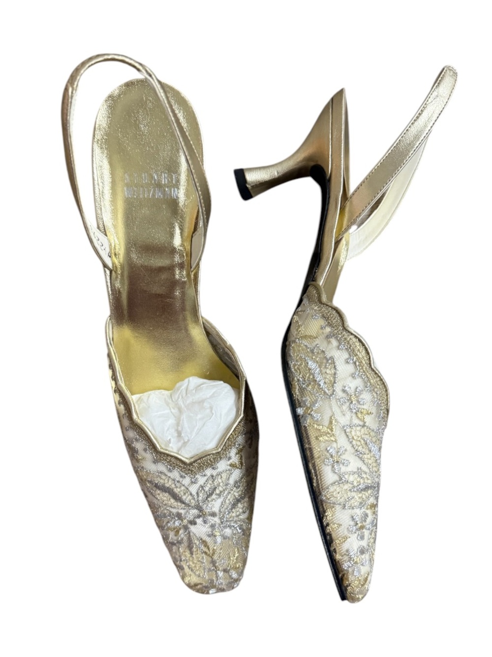 Stuart Weitzman Metallic Gold Floral Embroidered Slingback Kitten Heels 8.5